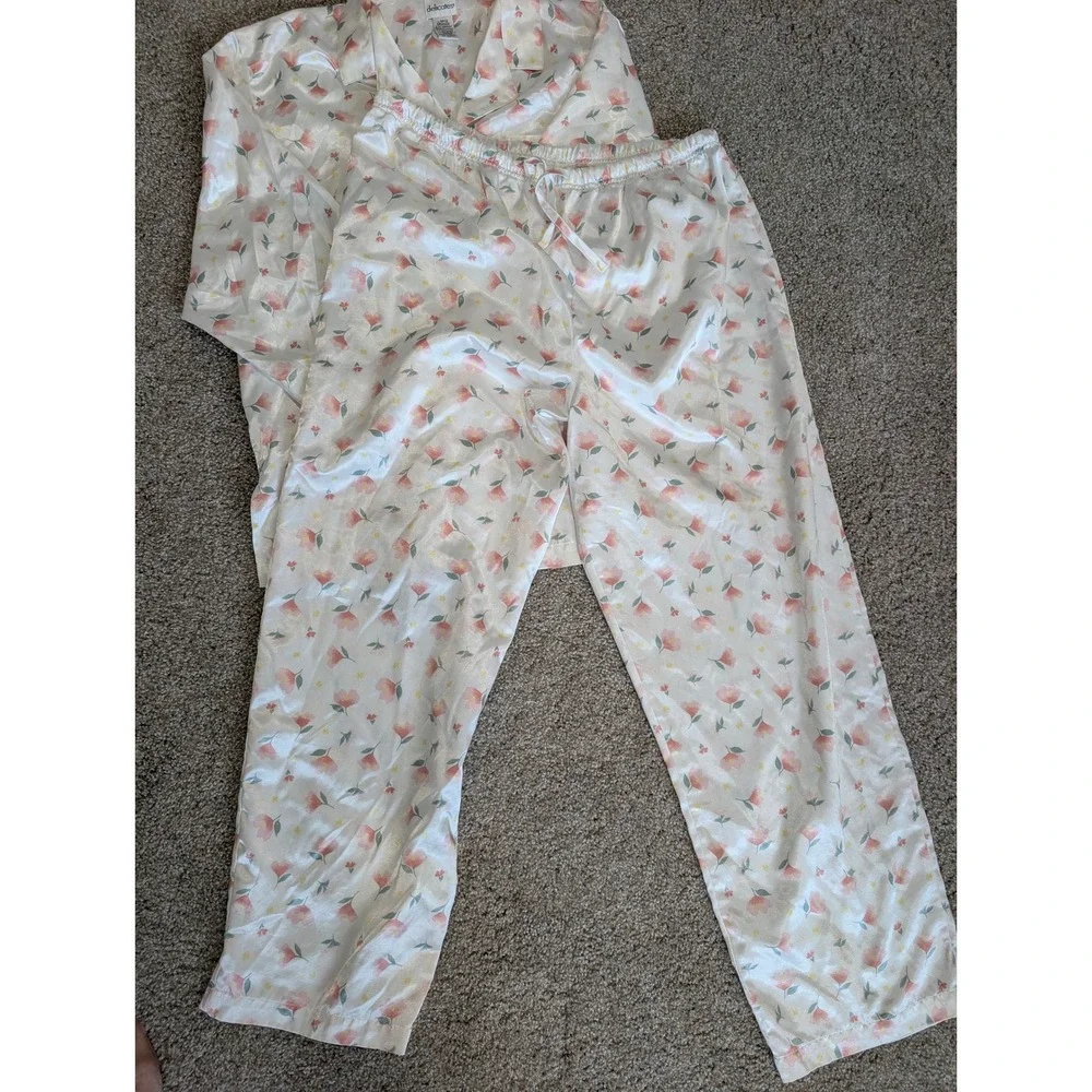 Vintage Delicates Satin Pajama Set Womens Large Floral Pink White Sleepwear 2pc